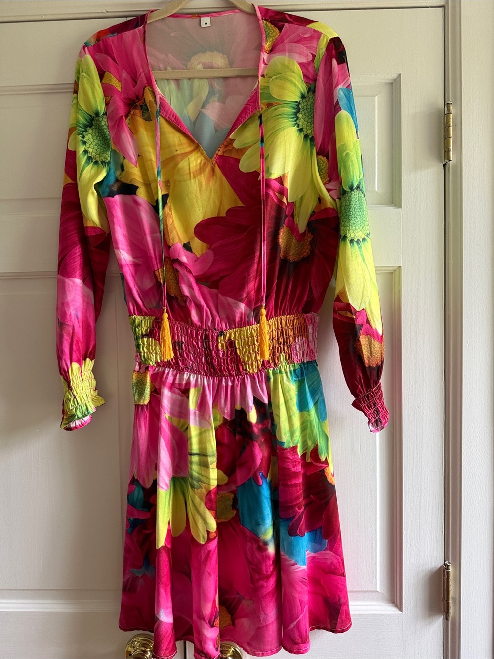 Floral V-Neck Smocked Waist Dress - Pink & Yellow
